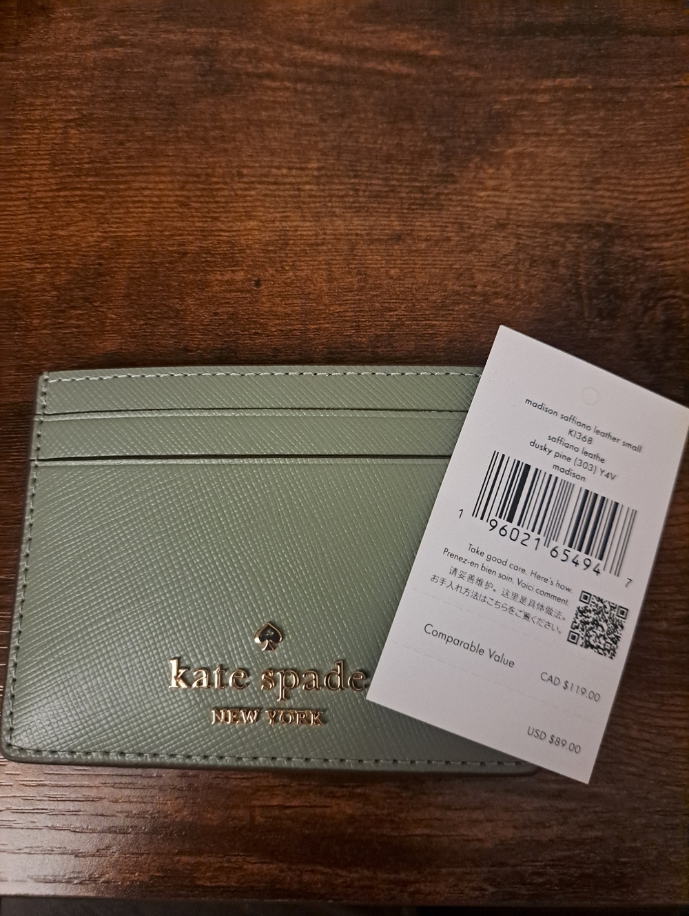 NWT kate spade Olive /Teal leather card holder with gold logo - Picture 4 of 5